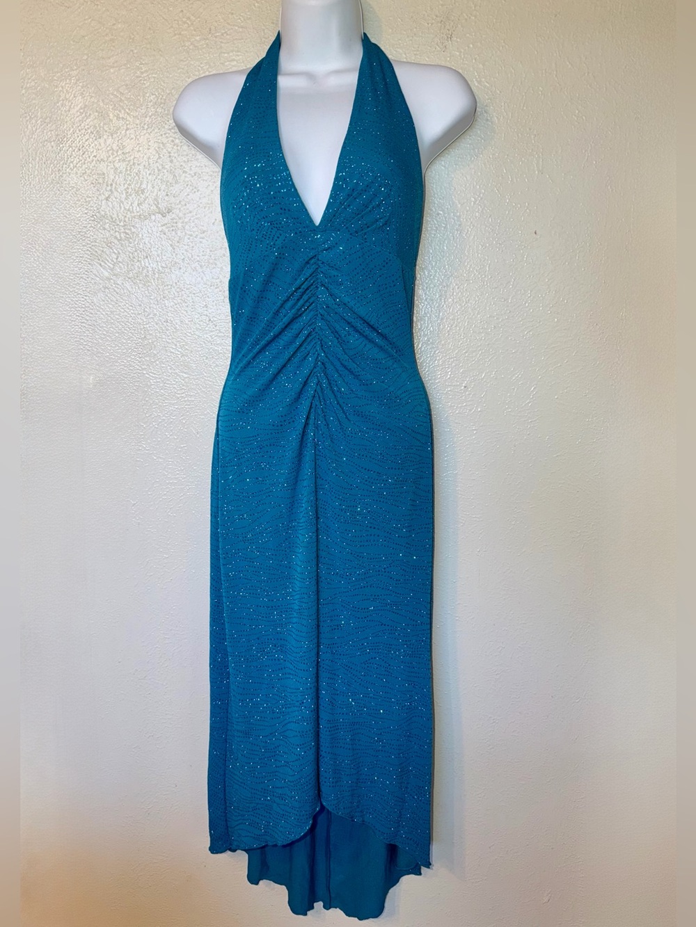 Y2K Vintage Wishes Wishes Wishes Teal Glitter Halter Ruched Asymmetrical Dress S